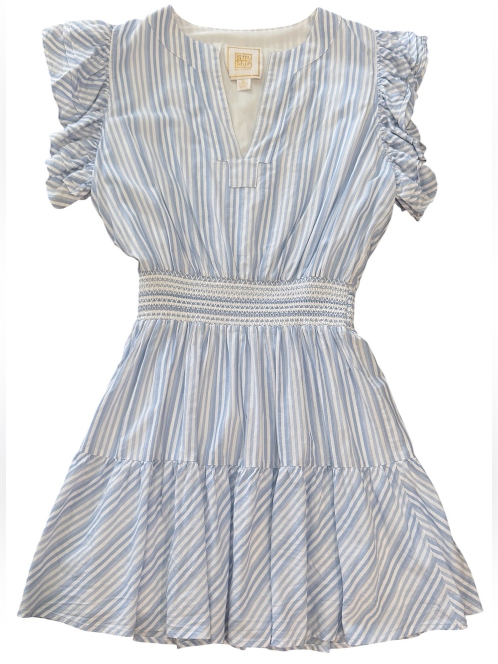 Blue & White Striped Mini Dress with Smocked Waist